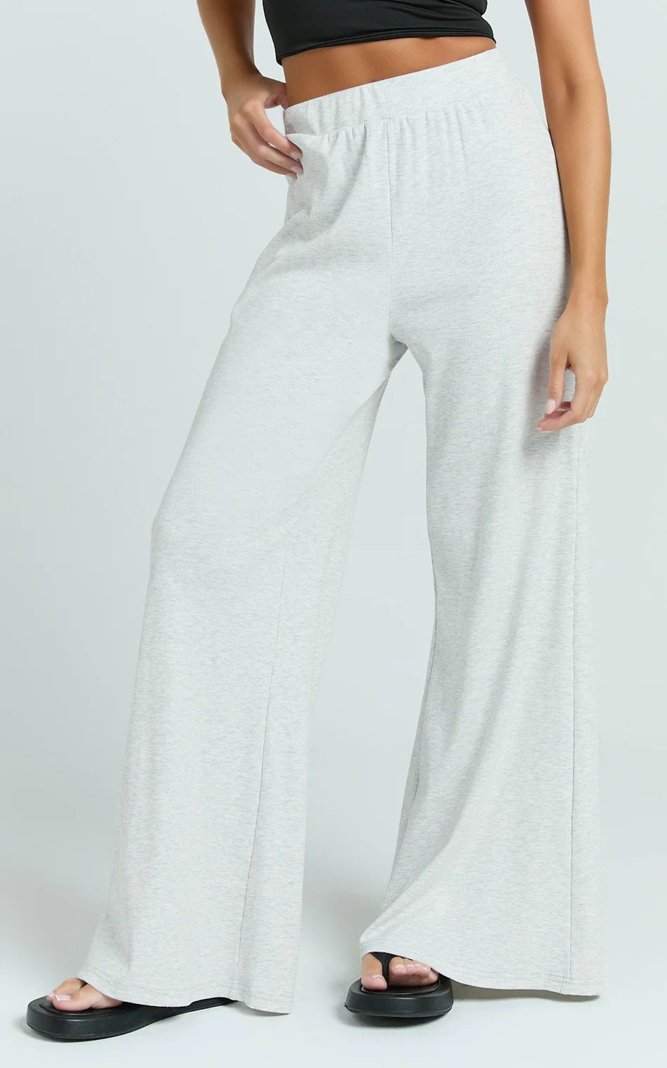 Amalthea Pants - High Waisted Jersey Rib Wide Leg Pants in Light Grey Marl | Showpo (US, UK & Europe)