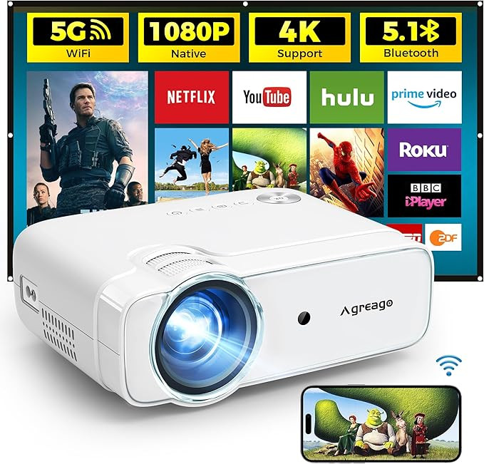 Projector with WiFi and Bluetooth, 5G WiFi 4K Supported Native 1080P 14000L, AGREAGO Portable Out... | Amazon (US)