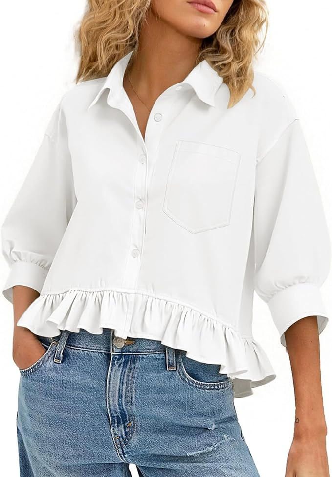 CHYRII Womens Summer Tops Dressy Casual Blouse Top Ruffled Short Sleeve Button Down Striped Shirt | Amazon (US)