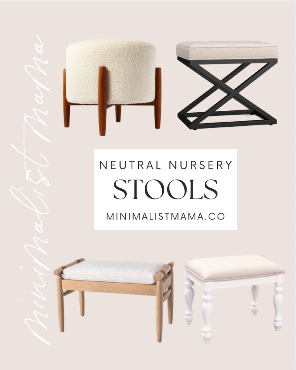 Neutral nursery stools include solid wood vanity stool, Sherpa Round Ottoman with Wood Legs Cream, Kirkham Tufted Upholstered Stool, and Upholstered Natural Wood Ottoman.

Neutral nursery, neutral nursery decor, neutral nursery stools, neutral nursery furniture, neutral stool, minimalist decor, minimalist nursery

#LTKbaby #LTKunder50 #LTKhome