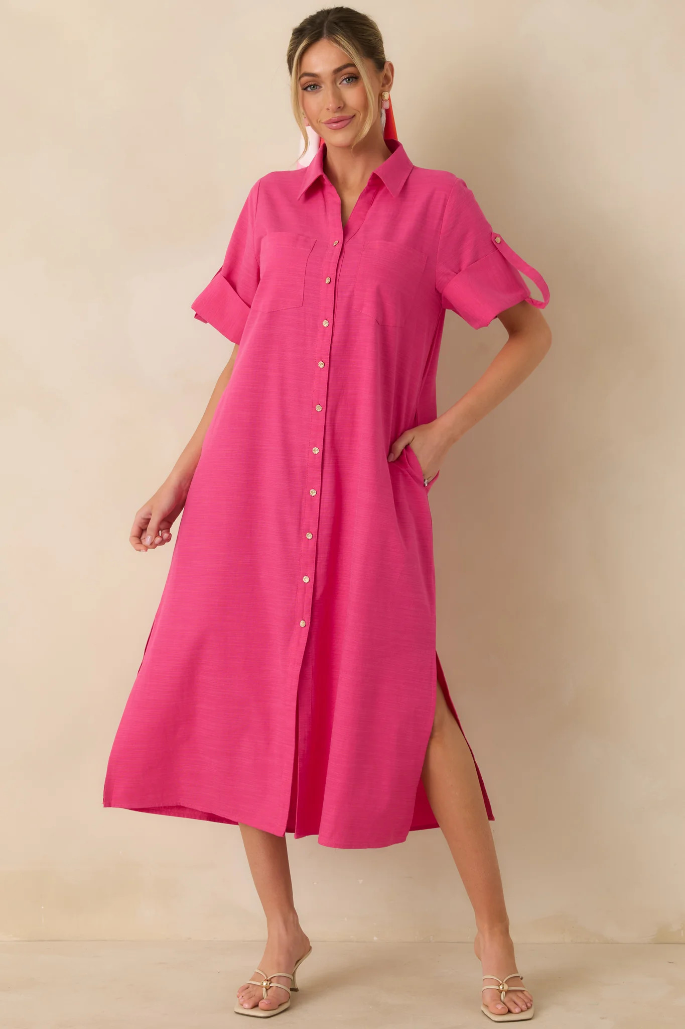 Show Me the Way Fuchsia Cotton Button Front Midi Shirt Dress | Red Dress