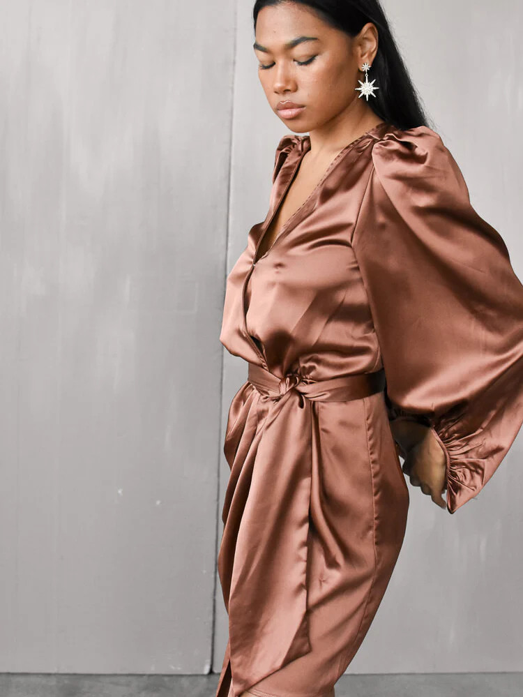 Gal Satin Wrap Mini Dress - Bronze | Confête