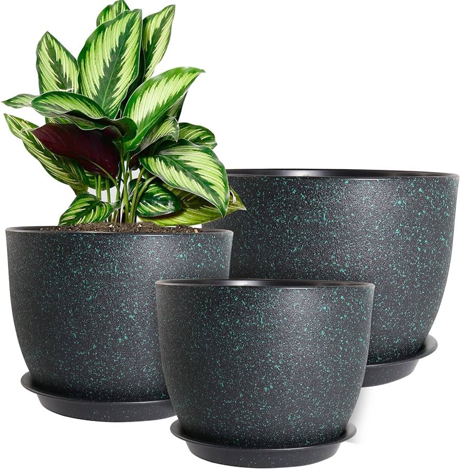 Plant Pots 10/9/8 inch, Set of 3 Modern Decorative Plastic Planters with Drainage Holes and Sauce... | Amazon (US)