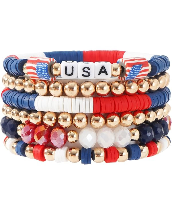 Summer Surfer Heishi Bracelet Set for Women Stackable Gold Plated Clay Ploymer Bead Stretch Pink ... | Amazon (US)