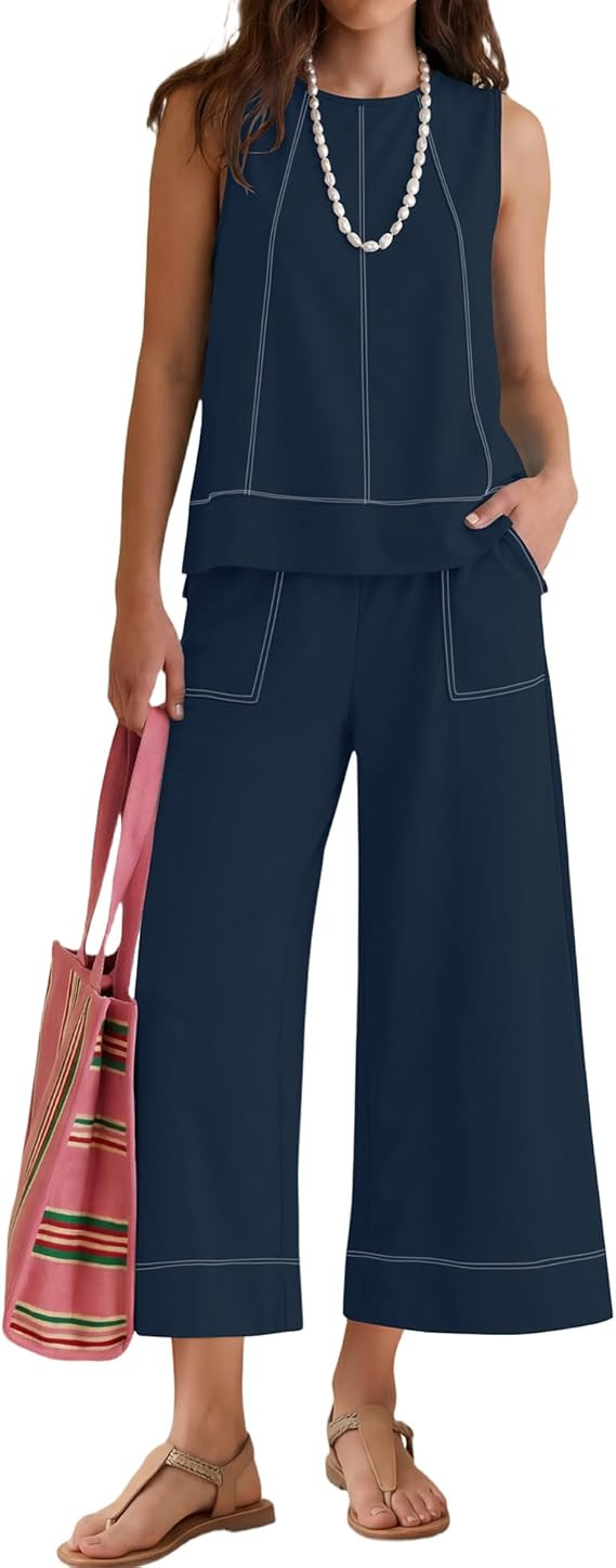 LOMON Two Piece Sets for Women Summer Outfits Sleeveless Tank Tops Wide Leg Crop Pants Matching L... | Amazon (US)