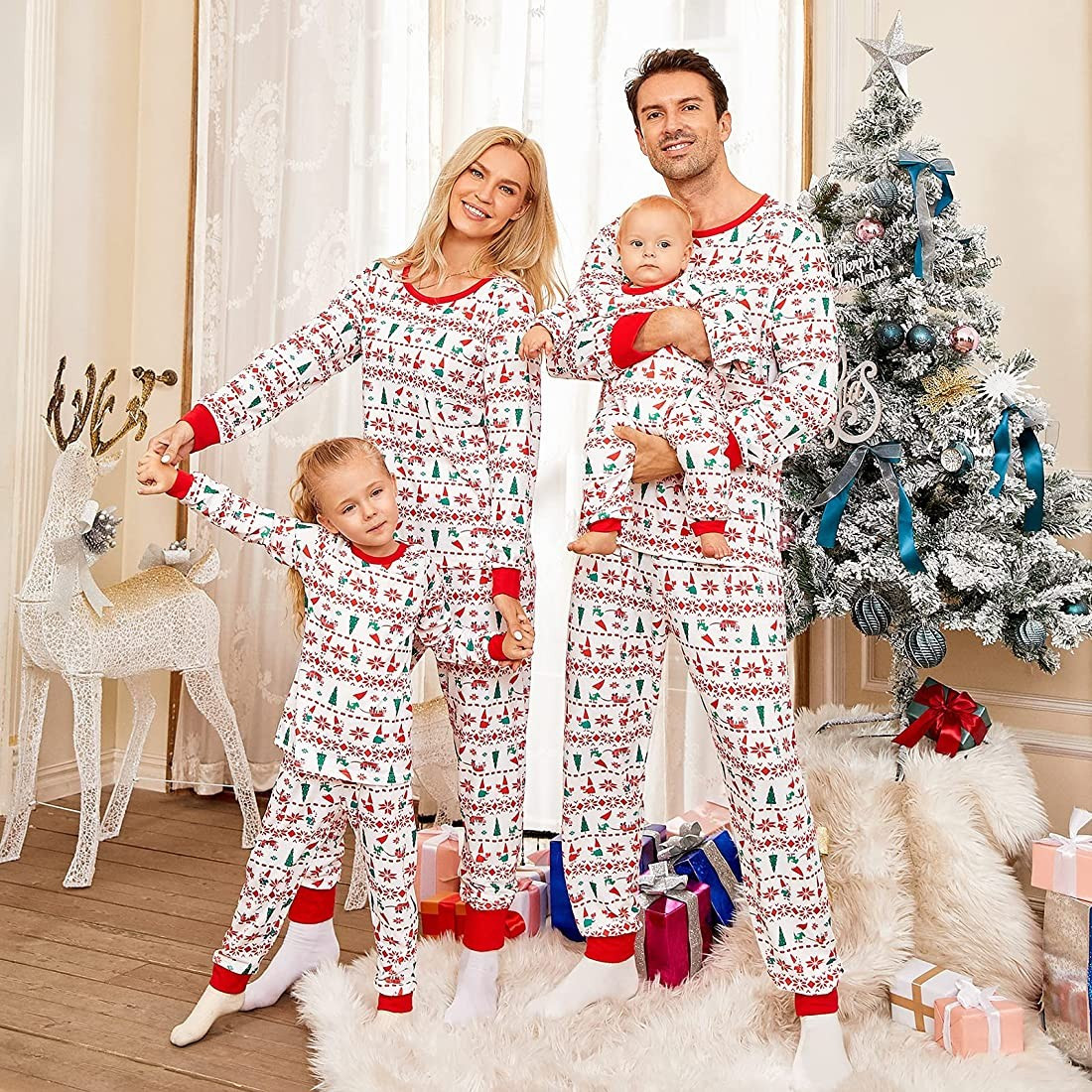 PopReal Christmas Pajamas for Family, Matching Family Christmas PJs Sets Blue Elk Tree Printed Top S | Amazon (US)
