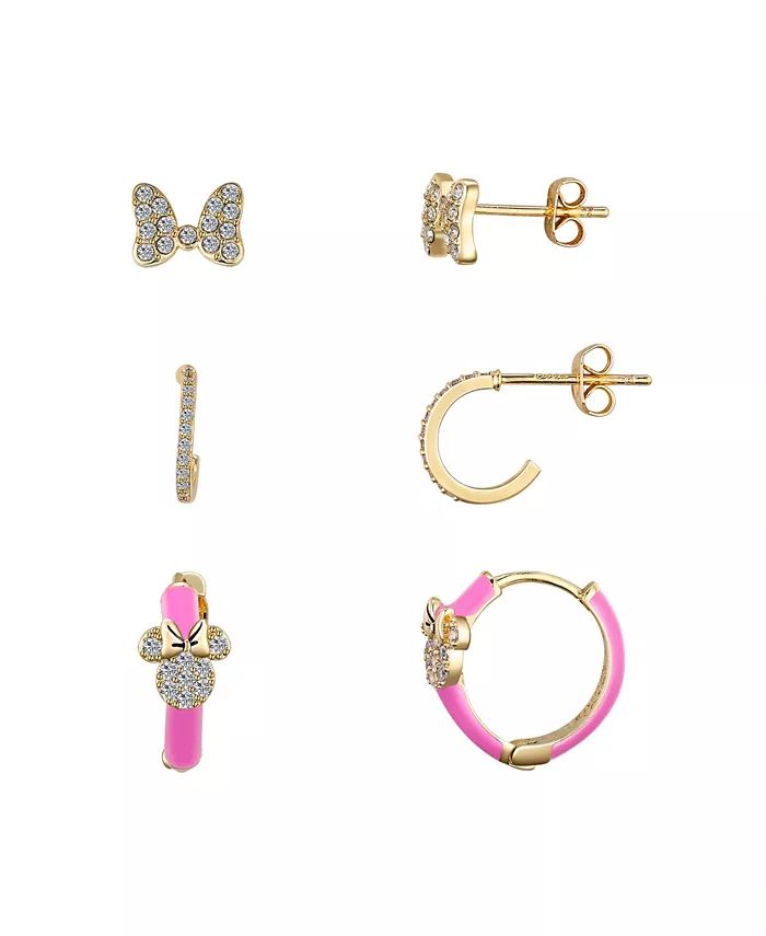 Disney Cubic Zirconia Hoop, Pink Enamel Hoop, and Crystal Bow Minnie Mouse Earring Set - Macy's | Macy's