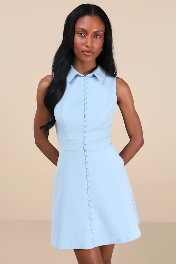 Totally Poised Blue Pinstriped Collared Mini Dress With Pockets | Lulus