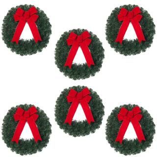 Home Accents Holiday 20 in. Unlit Artificial Christmas Wreath with Red Bow (Set of 6)-2109940HDX6... | The Home Depot
