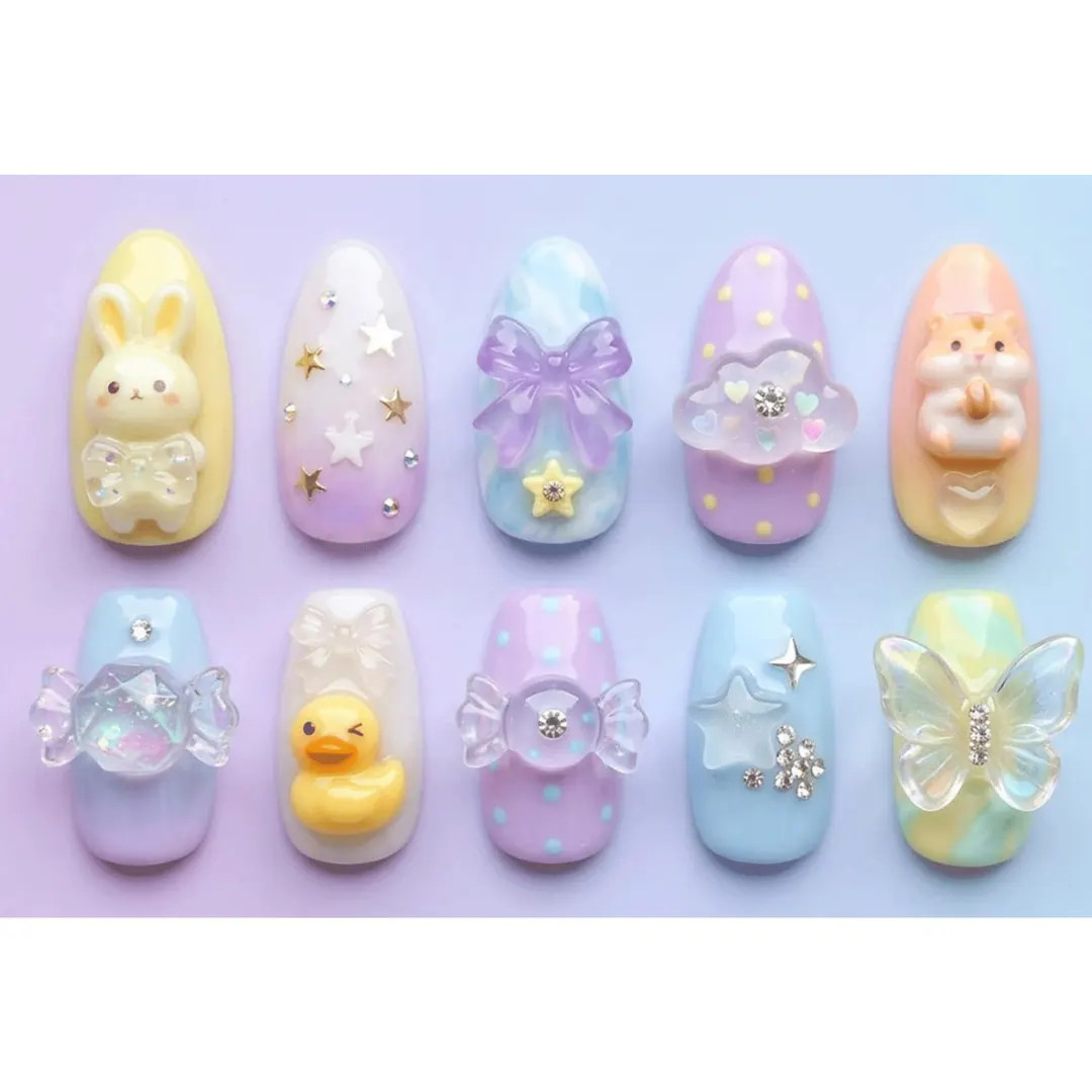 Kawaii Pastel 3D Press on Nails, Cute Bunny Duck Candy Nail Set, Sweet Cartoon Nails, Gradient Pa... | Etsy (US)