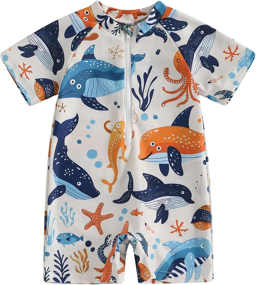 Geagodelia Toddler Baby Boy Swimsuit with Hat Zip Up Short Sleeve All in One Swimming Costume UV ... | Amazon (UK)