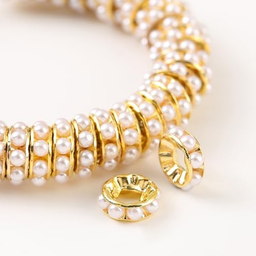 200PCS Large Hole Faux White Pearl Inlaid Rondelle Beads 12mm Gold Spacers | Amazon (US)
