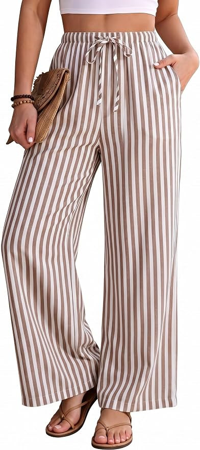 EsheSy Womens Casual Striped Pants Summer Beach Wide Leg Lounge Pants Drawstring Waist Loose Pala... | Amazon (US)