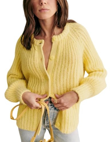 Bianstore Women's Casual Long Sleeve Crewneck Button Down Cardigan Sweater Knit Outwear(Yellow-XL) | Amazon (US)