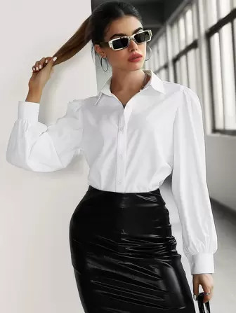 SHEIN Modely Camisa Sólido Manga Bufante Botão frontal | SHEIN