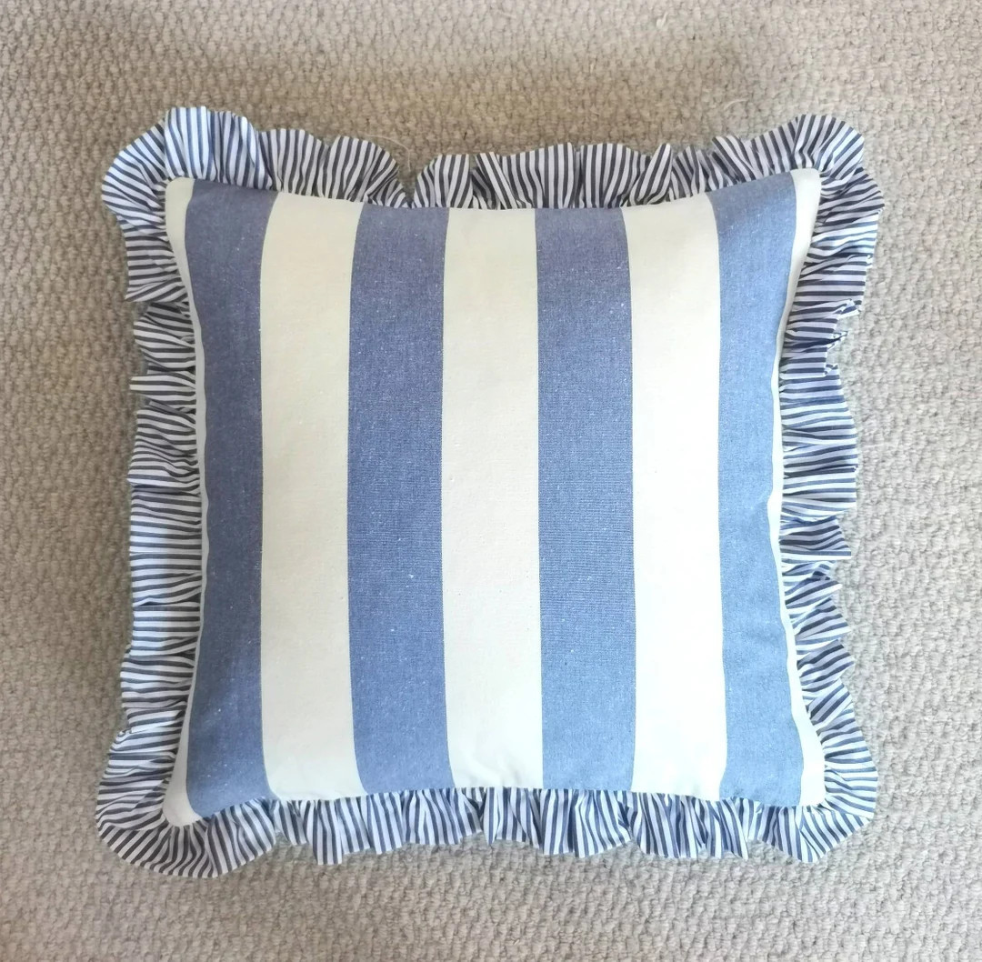Designer Ian Mankin Mid Blue Devon stripe cushion cover ruffled and backed in mid blue ticking st... | Etsy (US)