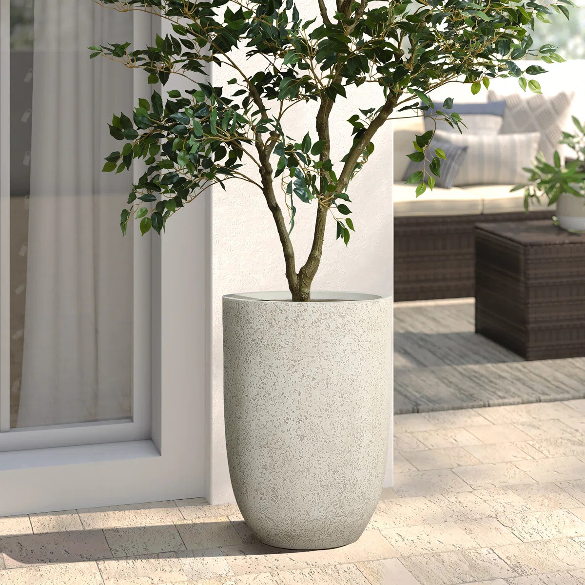 Round Tapered Planter, Travertine Stone Finish, Garden Pot | Wayfair North America