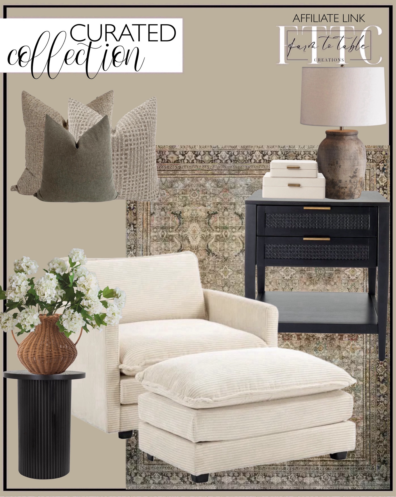 Curated Collection. Follow @farmtotablecreations on Instagram for more inspirational.

Redenius 42" Upholstered Corduroy Armchair with Ottoman. Arhaus Thornton Table Lamp.  East Bluff 2 drawers Woven Accent Table Black - Threshold designed with Studio McGee. Round Solid Wood End Table Black Pedestal Side Table Living Room Furniture Accent End Table with Solid Wood Base. Antonia Woven Vase. 25" Faux Snowball Flower in Cream/Green, Real Touch Flowers, Faux Botanicals, DIY Florals.  Loloi Layla Olive Charcoal Area Rug. McGee & Co. White Shagreen Box. Hackner Home Pillow Covers  

Living Room | Breakfast Nook | Amazon Home | Target Sale | Loloi Rugs | Magnolia Home | console table | console table styling | faux stems | entryway space | home decor finds | neutral decor | entryway decor | cozy home | affordable decor |  | home decor | home inspiration | spring stems | spring console | spring vignette | spring decor | spring decorations | console styling | entryway rug | cozy moody home | moody decor | neutral home




#LTKSaleAlert #LTKHome #LTKFindsUnder50