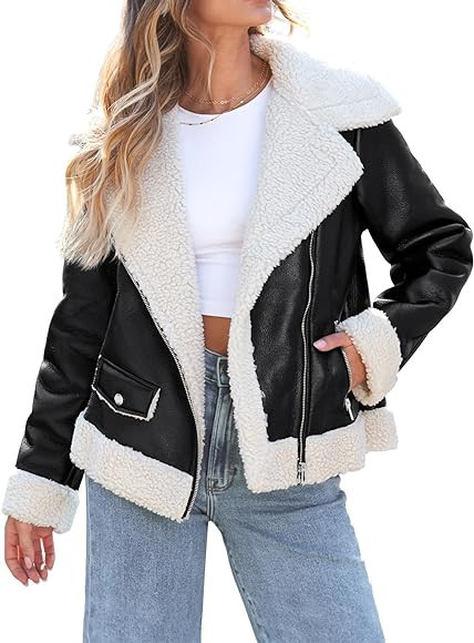 AUTOMET Womens Faux Shearing Fur Leather Jackets Thick Fur Lined Lapel Zipper Bomber Aviator Coat... | Amazon (US)