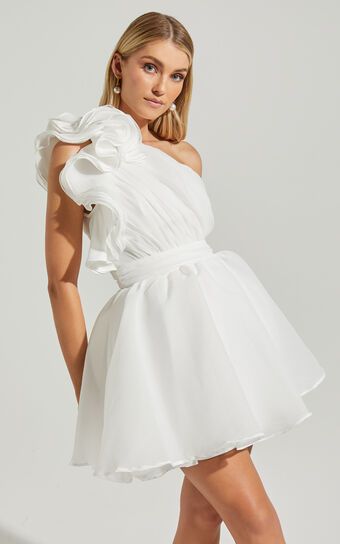 Avriella Mini Dress - One Shoulder Detail Fit & Flare in Ivory | Showpo (US, UK & Europe)