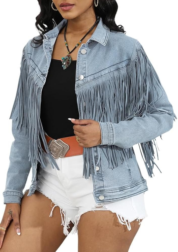 MOEENCN Jean Jackets For Women Fashion Fringe Suede Button Pocket Coat Cowgirl Western Top Outfit... | Amazon (US)