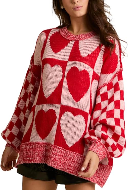 Women Checkered Holiday Oversized Sweater Cute Plaid Print Crewneck Sweatshirt Y2k Knit Puff Slee... | Amazon (US)