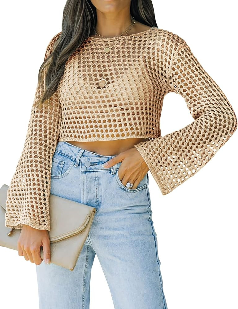 Womens Fishnet Crochet Crop Top Sexy Long Sleeve See Through Hollow Out Mesh Bikini Cover Ups | Amazon (US)