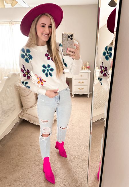 Pink hat, floral print sweater, light wash jeans, neon pink Steve Madden booties. Spring OOTD. Outfit of the day. Spring style. Spring fashion. 

#LTKSeasonal #LTKshoecrush
