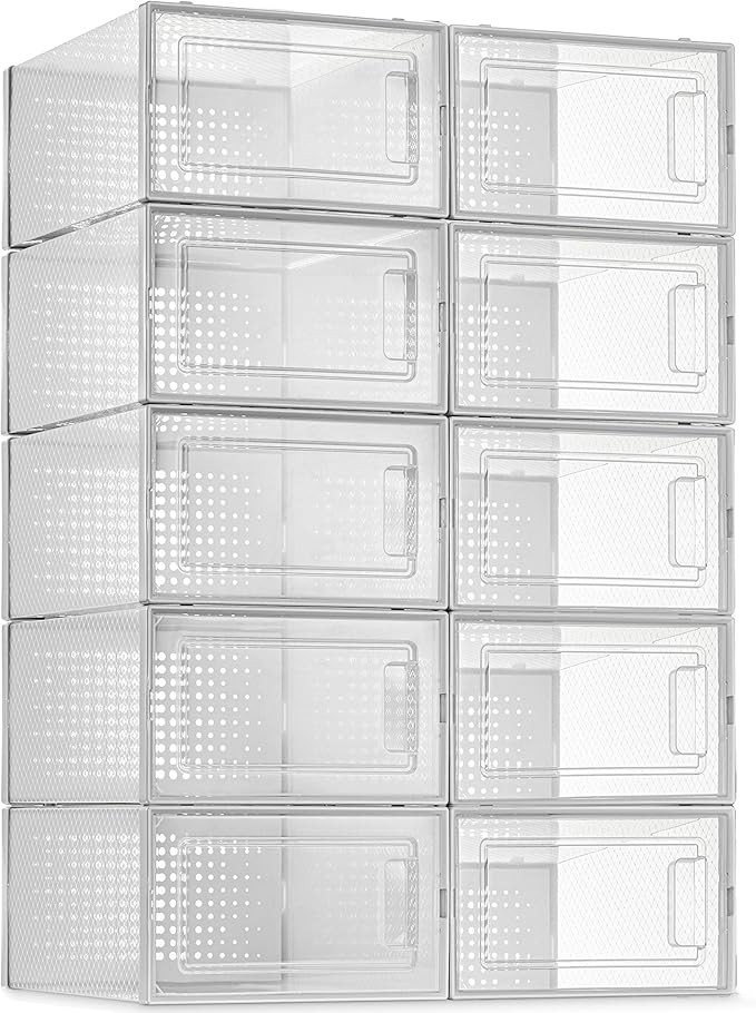 10 Pack Shoe Storage Boxes, Clear Plastic Stackable Shoe Organizer Bins, Drawer Type Front Openin... | Amazon (US)