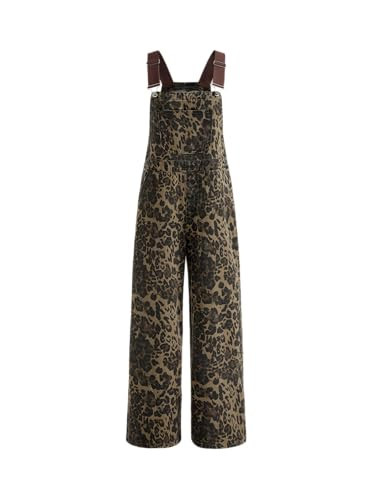 CIDER Overalls for Women Denim Leopard Pocket Buckle Up Wide Leg Jumpsuit: Tan, XL | Amazon (US)