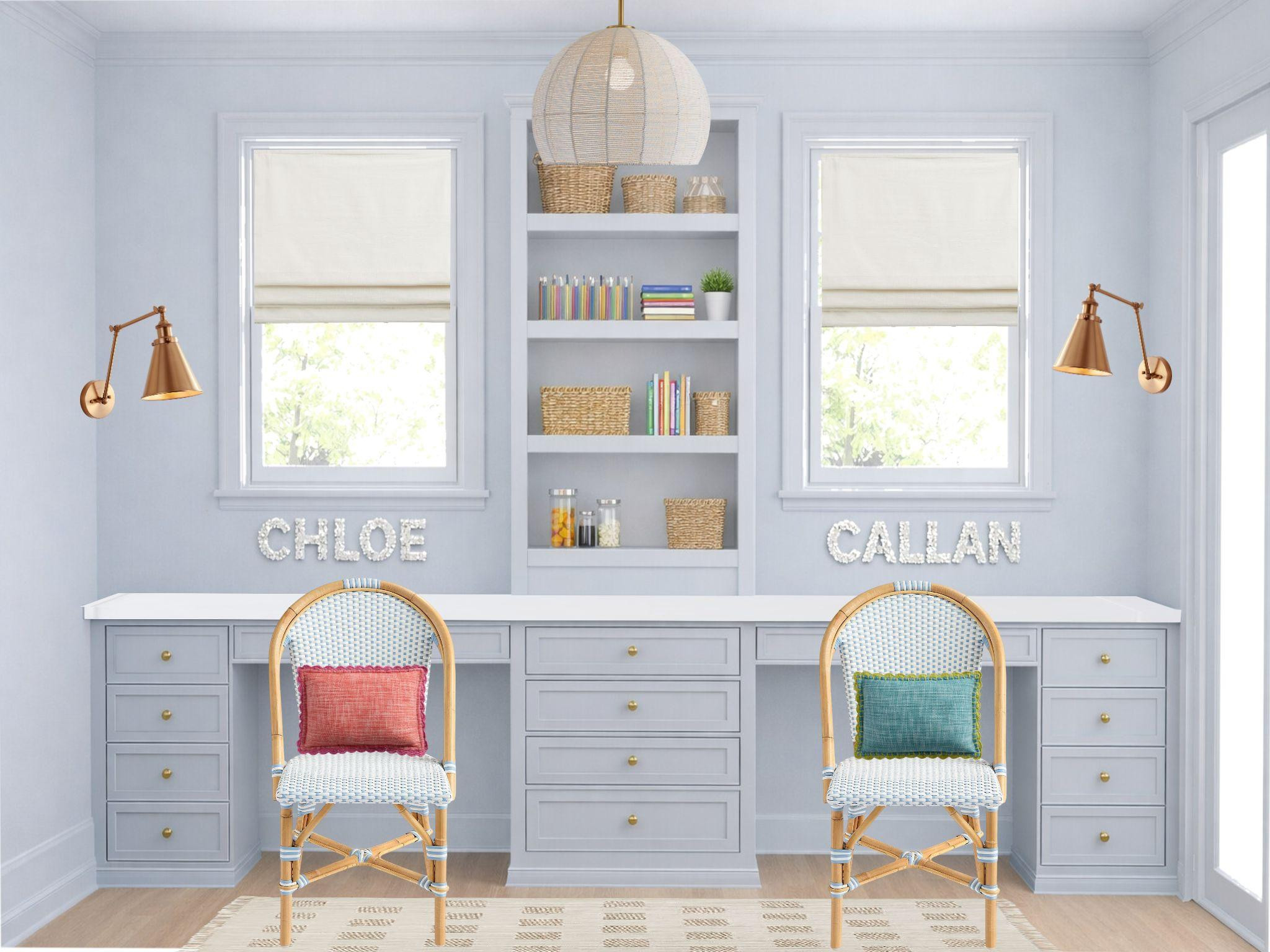 Shared homework space that feels clean, organized, and actually fun for kids. Love the built-ins and little pops of color to keep it playful but still elevated. 

 #LTKHome #LTKKids