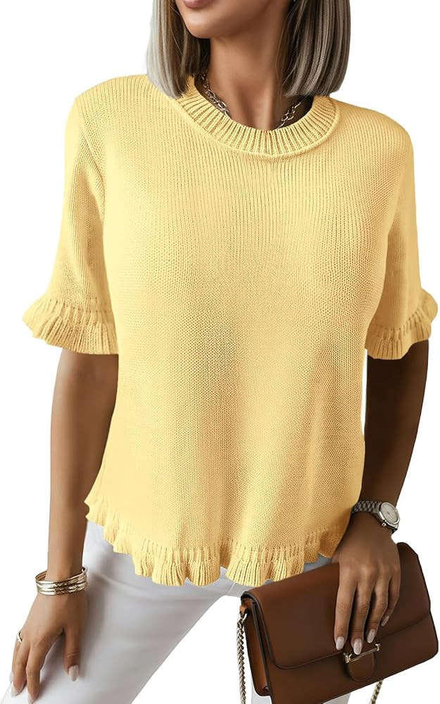 Saodimallsu Womens Short Sleeve Sweater Tops Summer Ruffle Casual Loose Fitting Crew Neck Knit Sh... | Amazon (US)