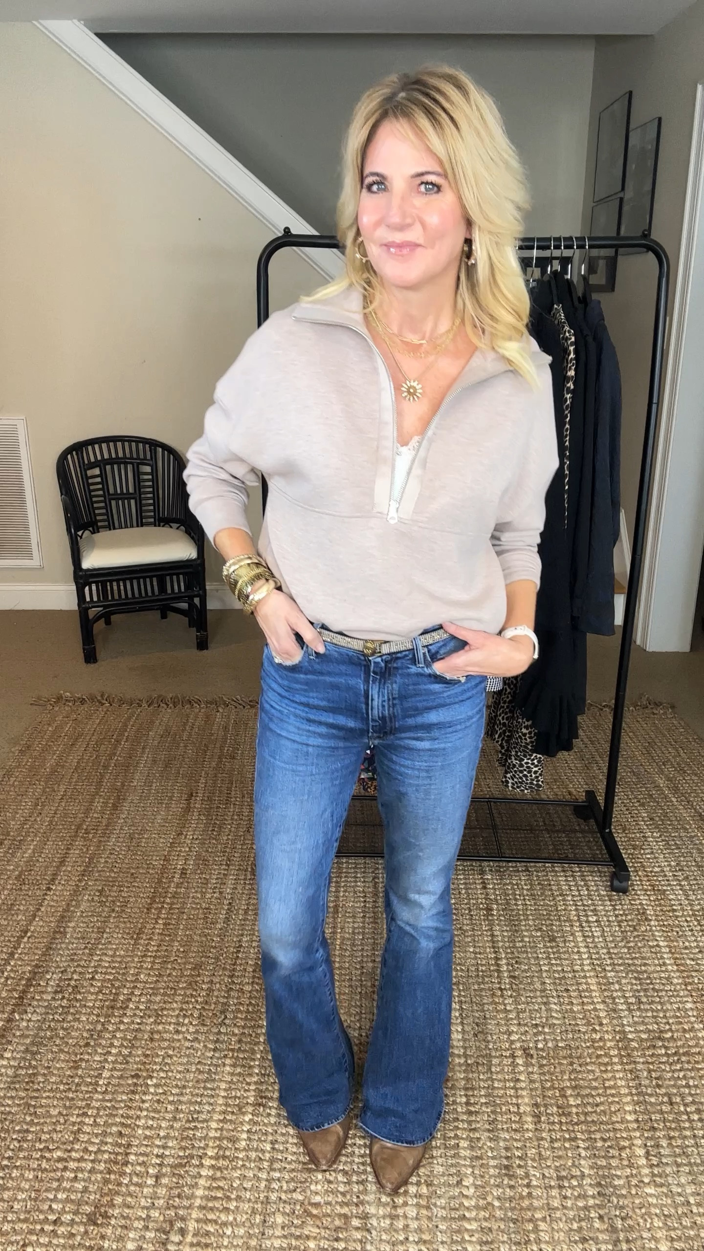 GRWM as I style this adorable and super comfortable sweatshirt by Varley. It has such cute detail and can easily be worn as more than athleisure. 

I added a lace tank underneath, a sequin belt, western inspired booties, and jewelry. 

#LTKstyletip #LTKover40 #LTKVideo
