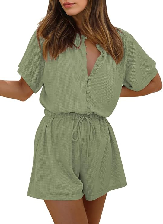 Fixmatti Short Sleeve Romper One Piece Button Up Jumpsuits for Women Summer Shorts Rompers | Amazon (US)
