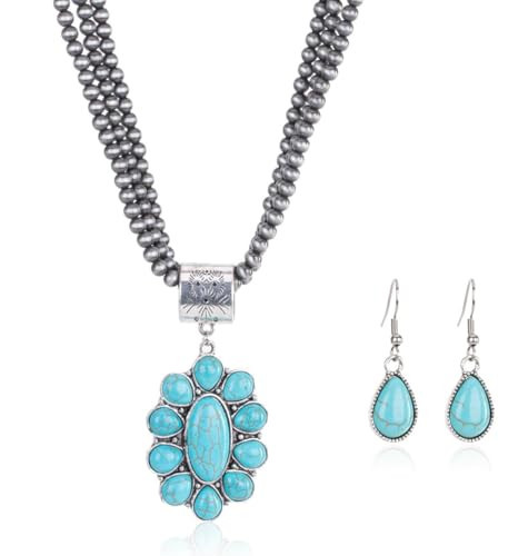 Montana West Rustic Couture's Western Turquoise Pendant Necklace Jewelry Set for Women 2 Pieces Cowgirl Vintage Necklace Earring Set RNS-1005TQ | Amazon (US)