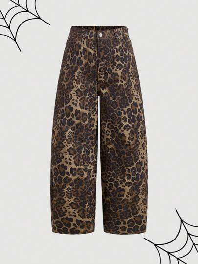 SHEIN MOD Plus Size Loose Denim Jeans Leopard Print 100% Cotton Pants, Leopard Pants, Renaissance... | SHEIN