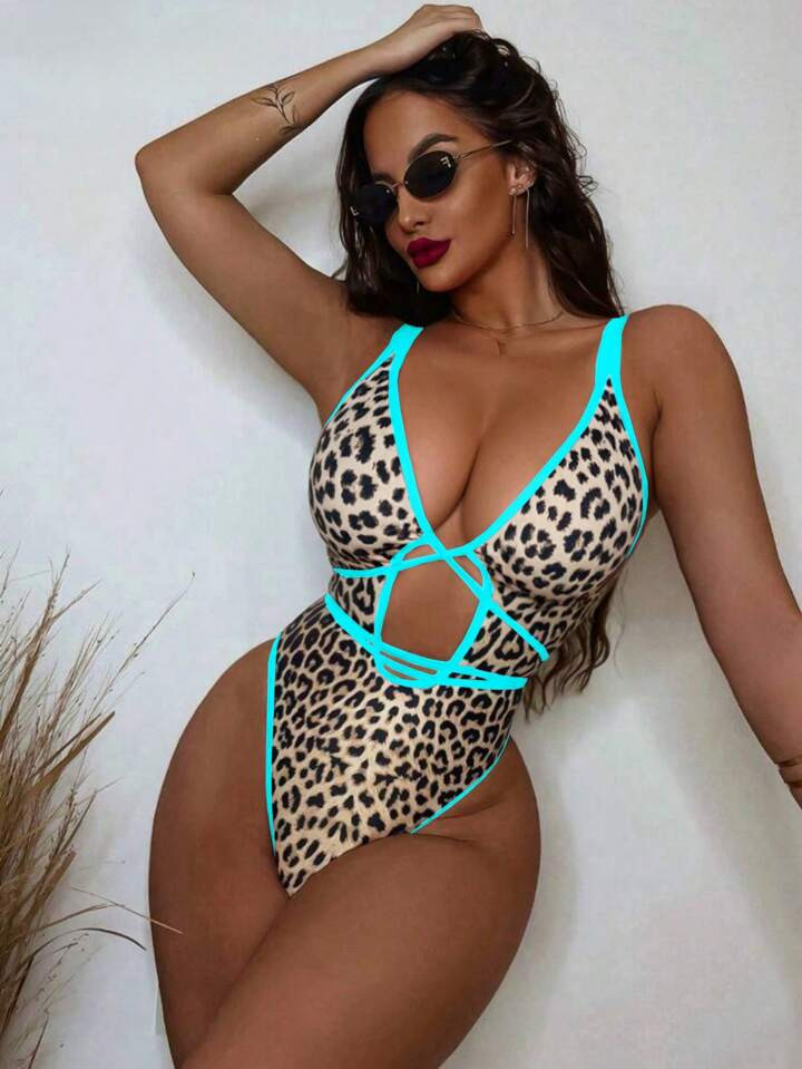 Swim SXY Women's Sexy Leopard Print Color Block Cross Front Tie V-Neck One Piece Swimsuit, Spring Break Beach Wear | SHEIN