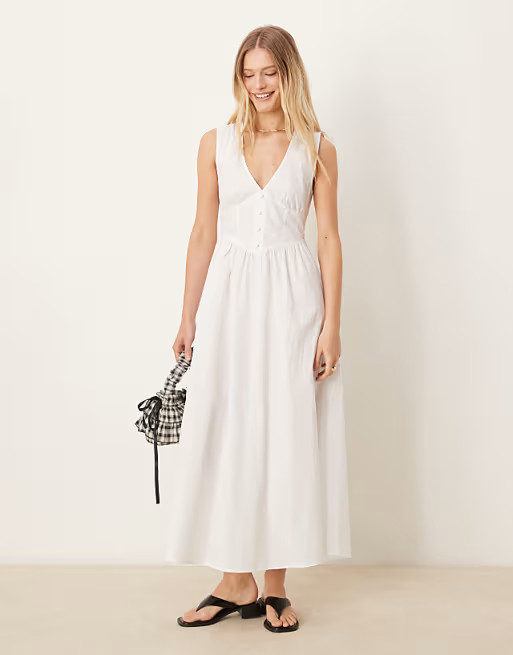 ASOS DESIGN V-neck waisted button down midi dress in off-white | ASOS | ASOS (Global)