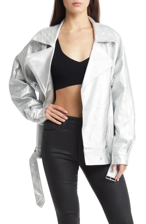 AZALEA WANG Metallic Faux Leather Moto Jacket in Silver at Nordstrom, Size Small | Nordstrom