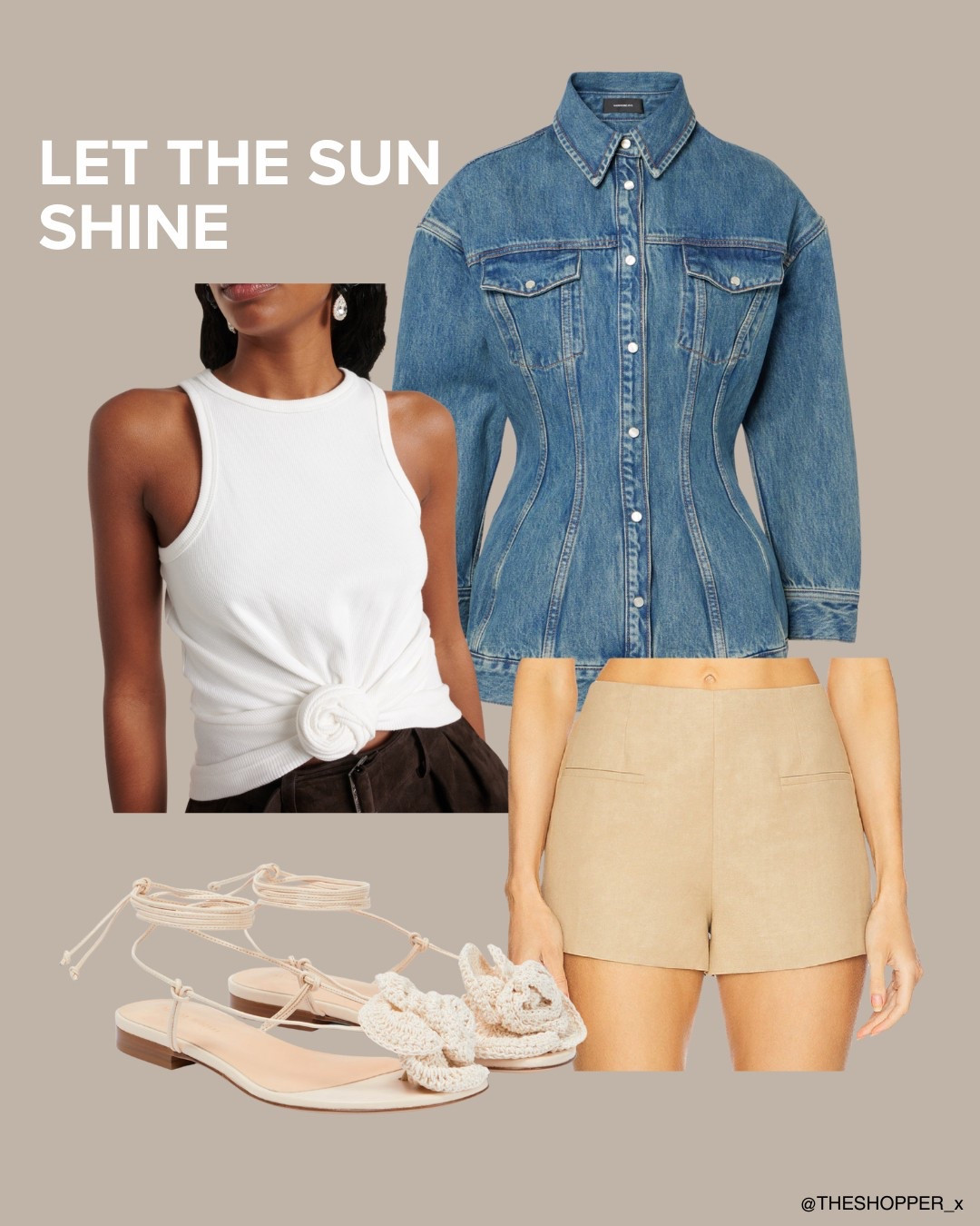 Denim jacket, white vest ruched tank top, camel beige shorts, string sandals with floral design

#LTKluxury #LTKsummer #LTKspring