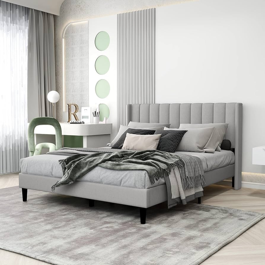 Upholstered Bed Frame Queen with Wingback Headboard/No Box Spring Needed/Wooden Slat Support/Easy... | Amazon (US)