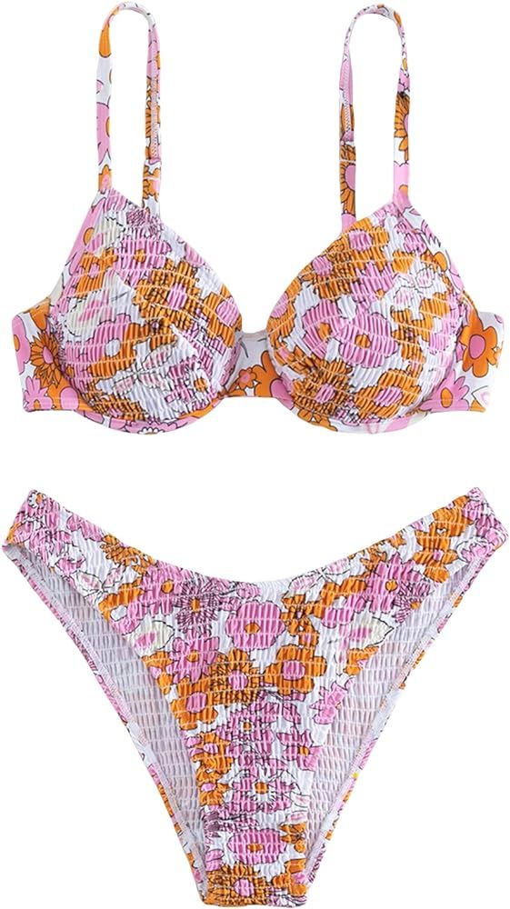 SHENHE Women's 2 Piece Floral Print Knot Back Spaghetti Strap Push Up Bikini Swimsuit Set | Amazon (US)