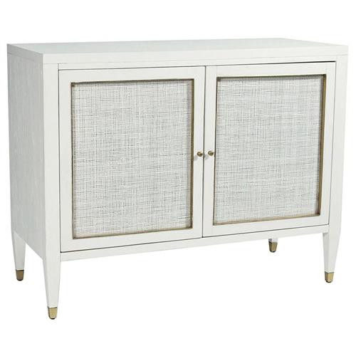 Haiden Modern Classic White Rattan Brass 2 Door Bar Cabinet Buffet | Kathy Kuo Home