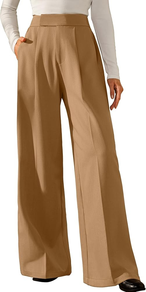 Arach&Cloz Women's Wrinkle-Free Pleated Business Wide Leg Pants Fall 2025 | Amazon (US)