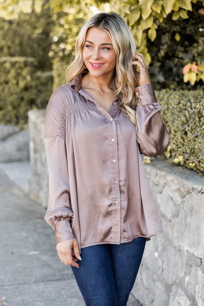 Just Hold My Hand Taupe Shirred Shoulder Button Up Blouse | Pink Lily
