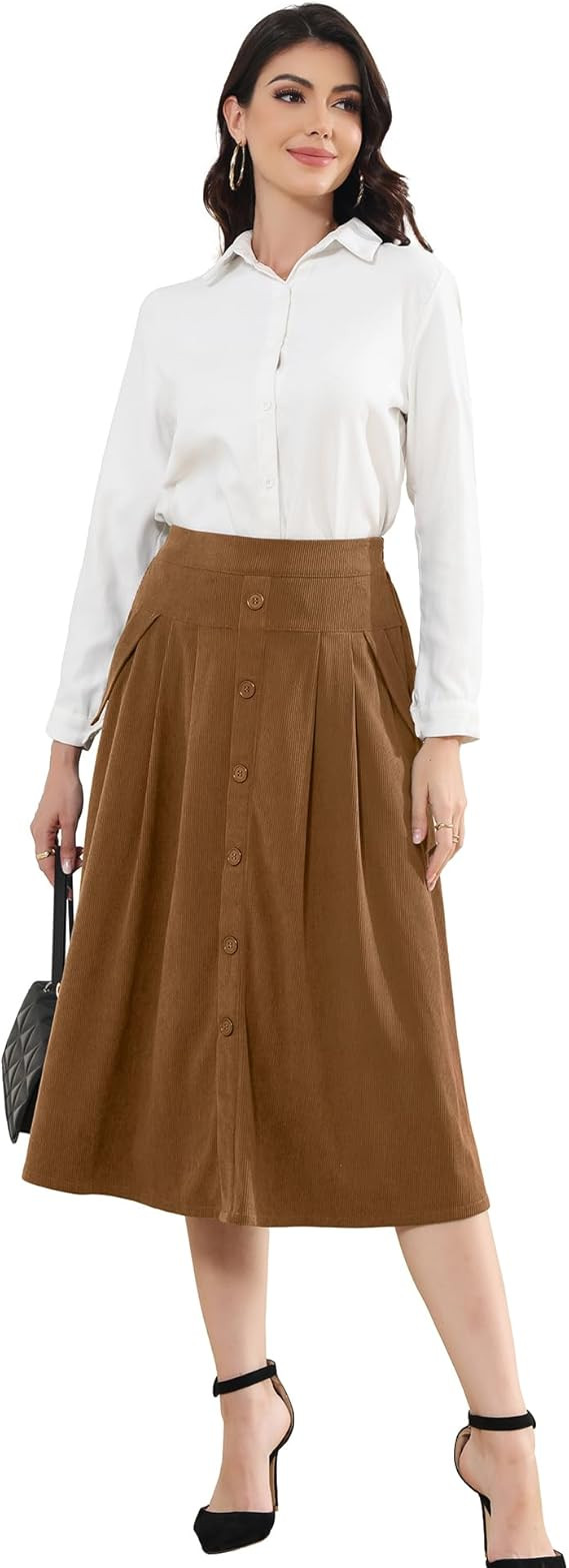 Womens Corduroy Skirts Vintage High Waist Button Long Pleated Skirts A-line Midi Skirt with Pocke... | Amazon (US)