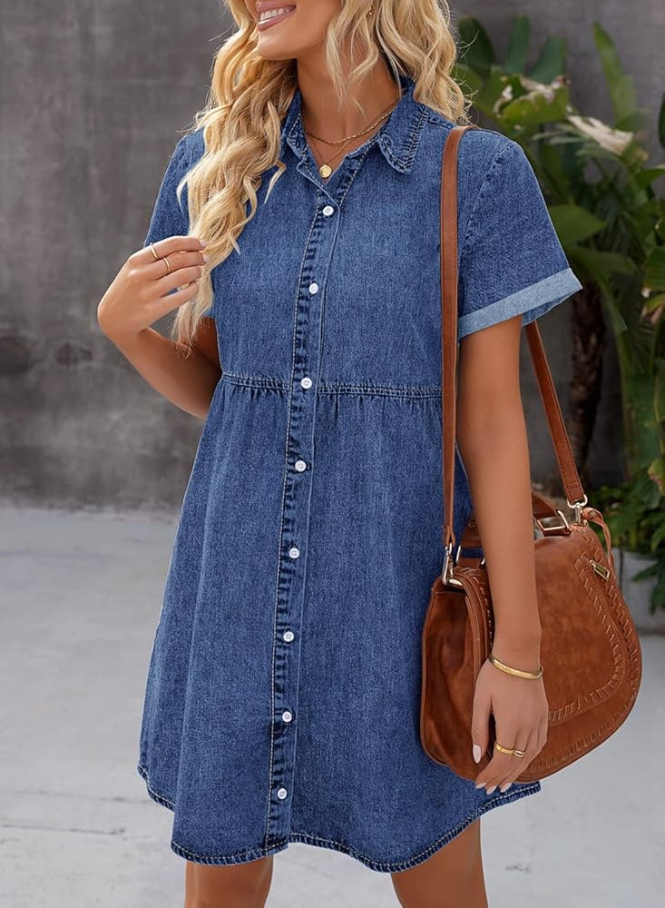 luvamia Women's Casual Short Sleeve Button Down Tiered Denim Babydoll Jean Dress | Amazon (US)