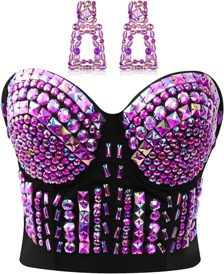 Rhinestone Push up Bra Clubwear Colorful Beaded Bustier Crop Top Bra Crystal Rectangle Dangle Ear... | Amazon (US)