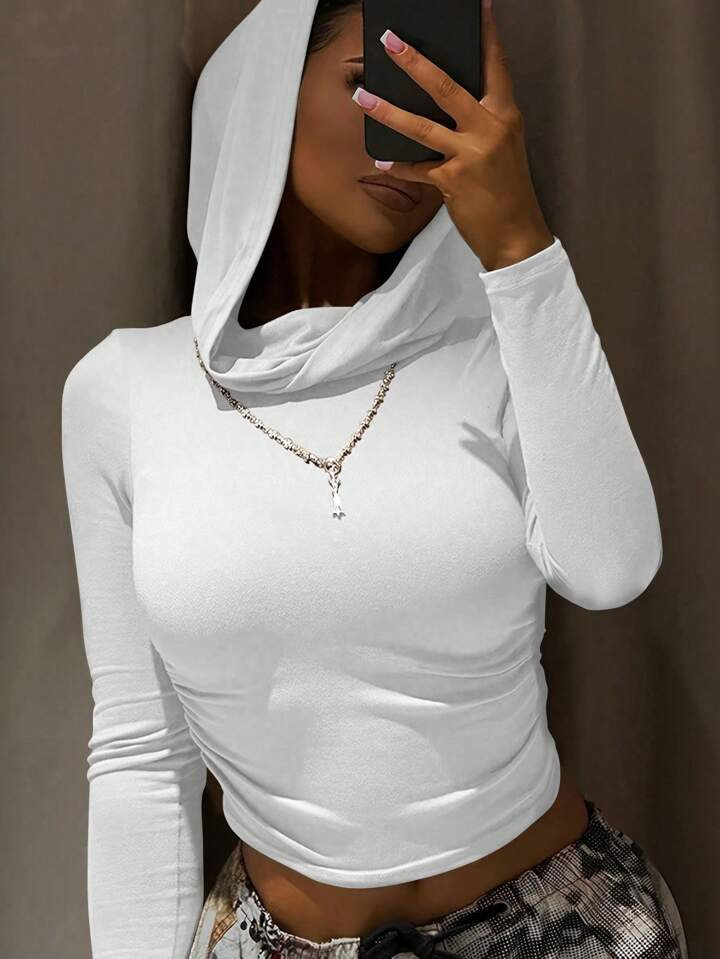 SHEIN Slayr Top Corto Con Cappuccio E Manica Lunga In Tinta Unita Per Donna, Per La Primavera E L... | SHEIN