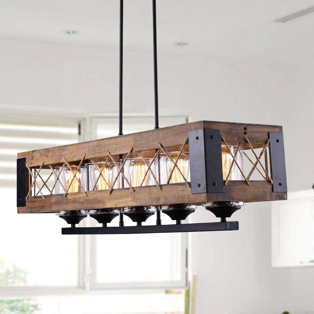 LALUZ Kitchen Island Lighting Rectangular Wood Hanging Fixture, A03145, 32” in Length, 5 Glass ... | Amazon (US)